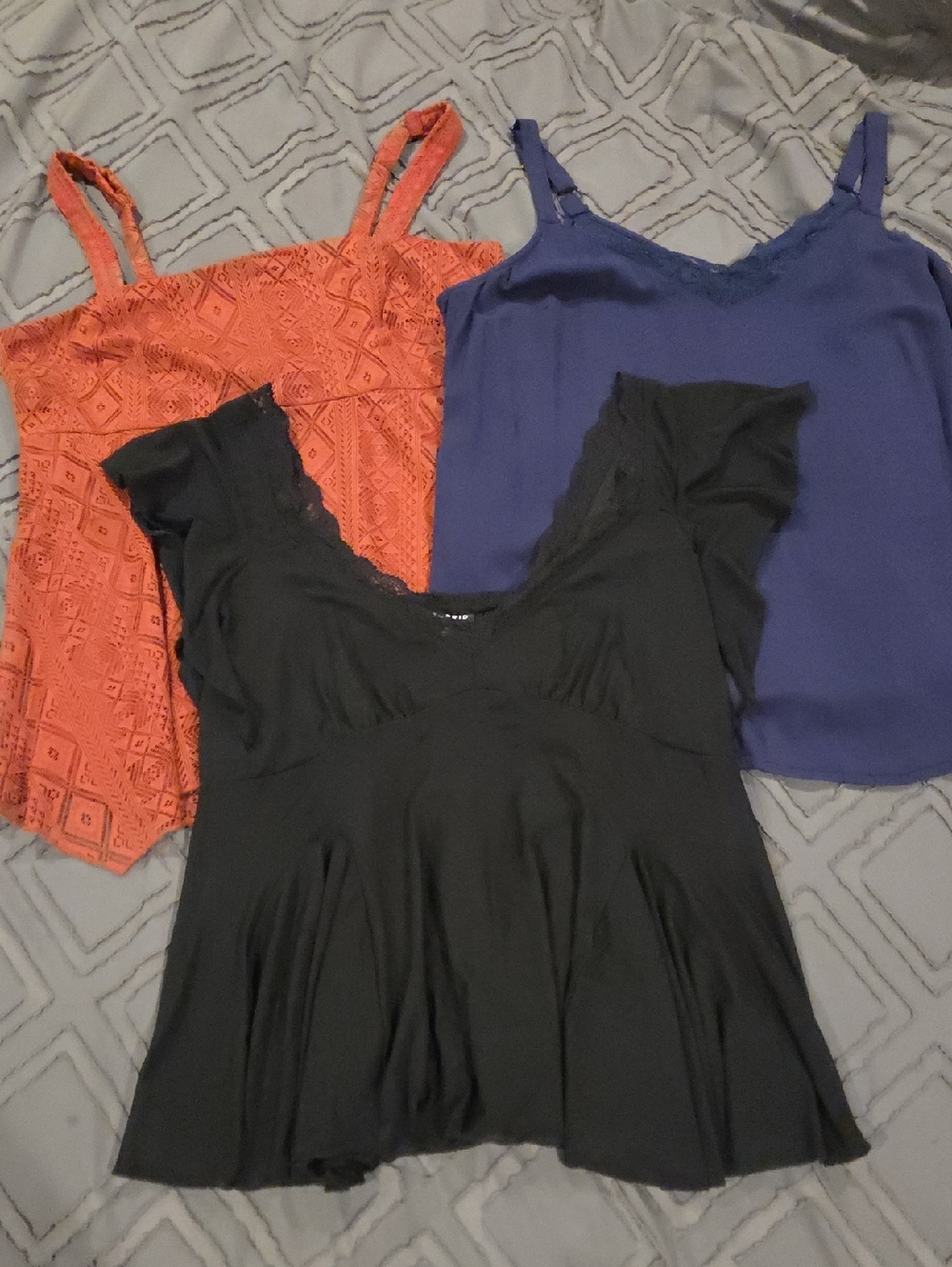 Torrid Orange Lace Cami, Blue Cami & Black Flutter Sleeve Top Bundle